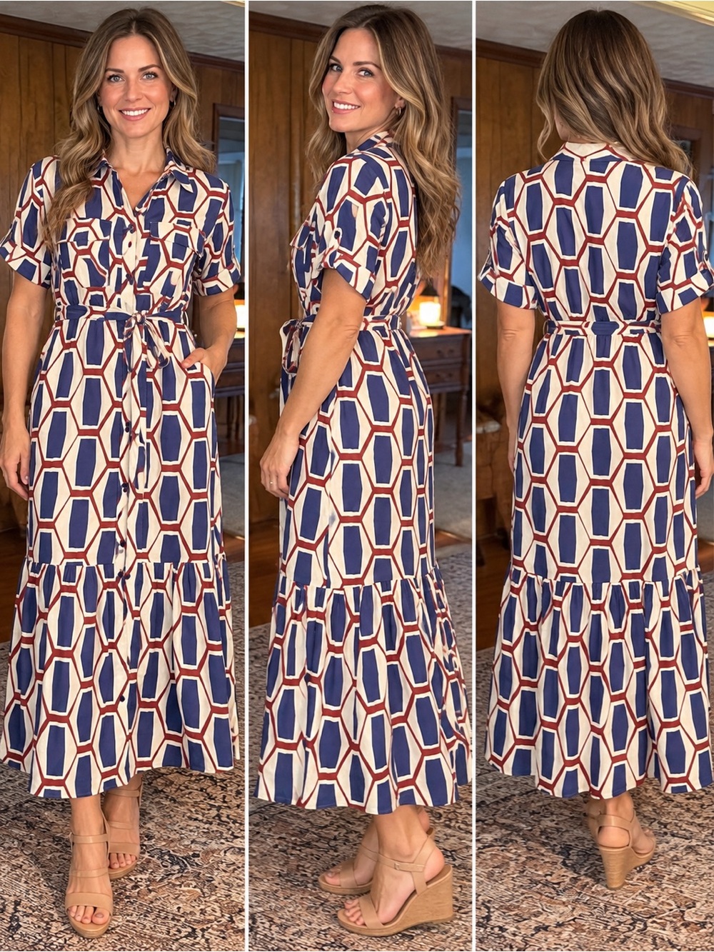 Zara Navy, Cream & Rust Geometric Shirt Maxi Dress